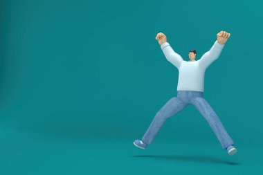 Çizgi film karakteri kot pantolon ve uzun gömlek giyiyor. Atlıyor. Oyunculukta 3d canlandırma.