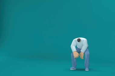 cartoon character wearing jeans and  long shirt. He is sad or in pain. 3d rendering in acting.