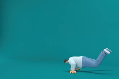 cartoon character wearing jeans and white long shirt. 3d rendering in acting. He is doing exercise.