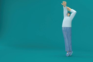 cartoon character wearing jeans and white long shirt. 3d rendering in acting. He is doing exercise.