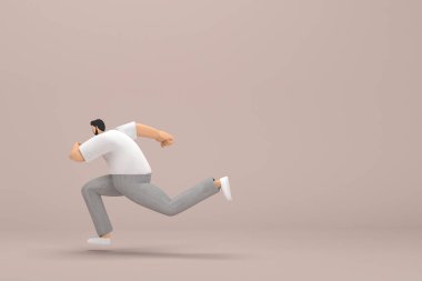 Gri kadife pantolon ve beyaz yakalı tişört giyen sakallı adam. O koşuyor. Oyunculuktaki çizgi film karakterinin 3d canlandırması.