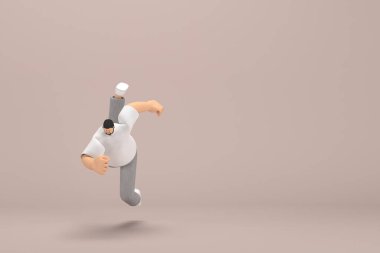 Gri kadife pantolon ve beyaz yakalı tişört giyen sakallı adam. Çizgi film karakterinin oyunculukta üç boyutlu canlandırması. Düşüyor..