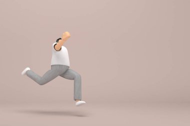 Gri kadife pantolon ve beyaz yakalı tişört giyen sakallı adam. O koşuyor. Oyunculuktaki çizgi film karakterinin 3d canlandırması.