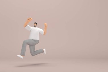 Gri kadife pantolon ve beyaz yakalı tişört giyen sakallı adam. O koşuyor. Oyunculuktaki çizgi film karakterinin 3d canlandırması.