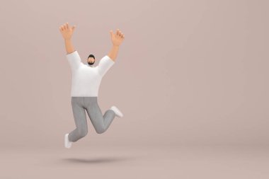 Gri kadife pantolon ve beyaz yakalı tişört giyen sakallı adam. Atlıyor. Oyunculuktaki çizgi film karakterinin 3d canlandırması.