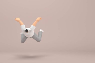 Gri kadife pantolon ve beyaz yakalı tişört giyen sakallı adam. Çizgi film karakterinin oyunculukta üç boyutlu canlandırması. Düşüyor..