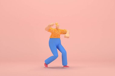 The woman with golden hair tied in a bun wearing blue corduroy pants and Orange T-shirt with white stripes.  She is doing exercise. 3d rendering of cartoon character in acting.