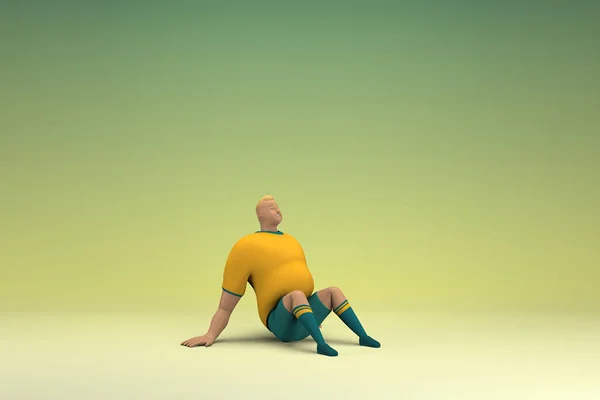 黄色のシャツと緑のパンツを着たアスリート 彼は座っている 演技における漫画のキャラクターの3Dレンダリング — ストック写真