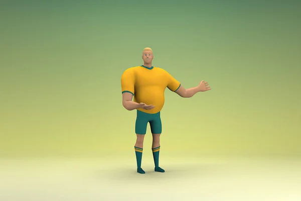 黄色のシャツと緑のパンツを着た選手が話すときの手の表情です 演技における漫画のキャラクターの3Dレンダリング — ストック写真