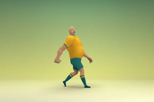 黄色のシャツと緑のパンツを着たアスリート 彼は歩いている 演技における漫画のキャラクターの3Dレンダリング — ストック写真