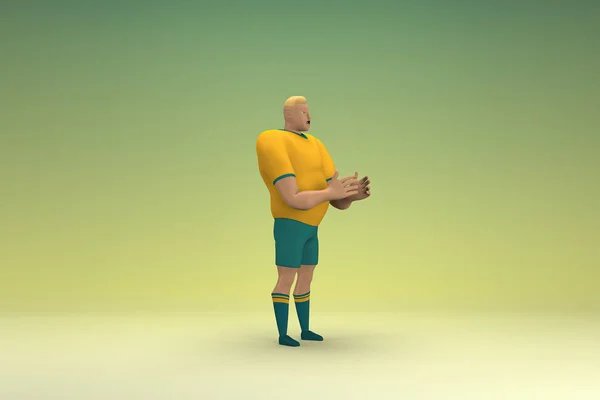 穿着黄色衬衫和绿色裤子的运动员是说话时的手势 卡通人物在表演中的3D渲染 — 图库照片