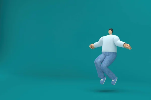 ジーンズとロングシャツを着た漫画のキャラクター 彼はジャンプしている 演技の3Dレンダリング — ストック写真