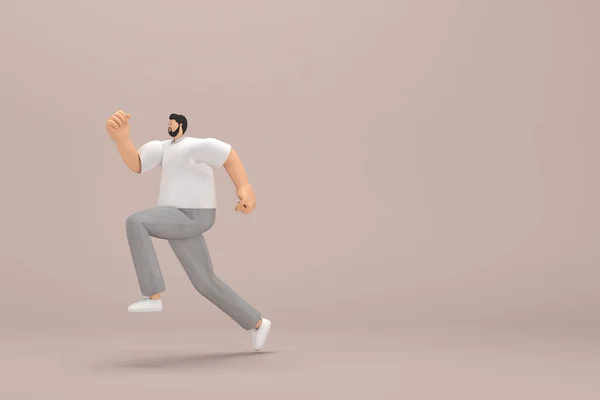 髭を生やした男はグレーのコーデュロイパンツと白い襟のTシャツを着ていた 彼は走っている 演技における漫画のキャラクターの3Dレンダリング — ストック写真