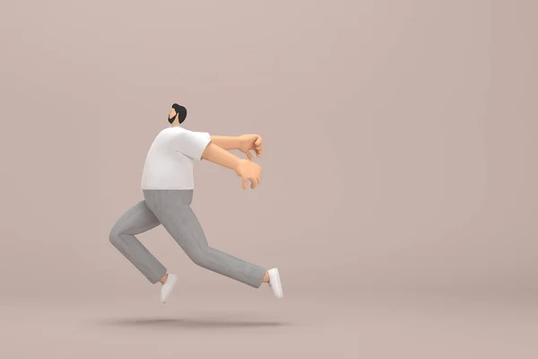 The man with beard wearinggray corduroy pants and white collar t-shirt.  He is running. 3d rendering of cartoon character in acting.