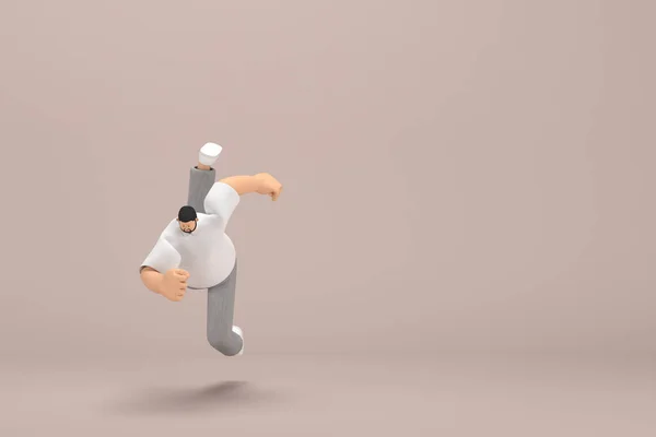 The man with beard wearinggray corduroy pants and white collar t-shirt.  3d rendering of cartoon character in acting. He is falling down.