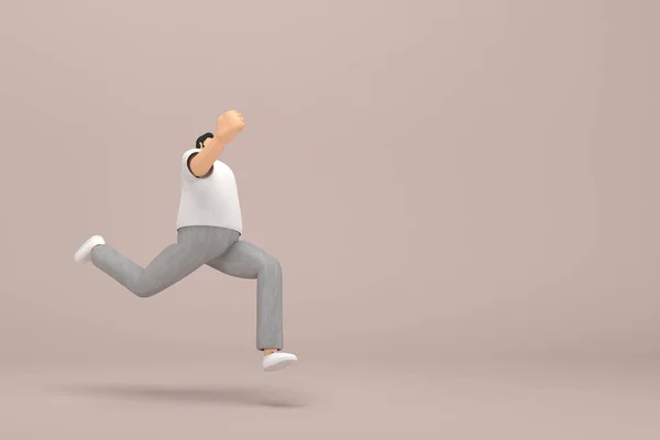 The man with beard wearinggray corduroy pants and white collar t-shirt.  He is running. 3d rendering of cartoon character in acting.