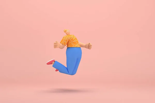 The woman with golden hair tied in a bun wearing blue corduroy pants and Orange T-shirt with white stripes.  She is jumping. 3d rendering of cartoon character in acting.