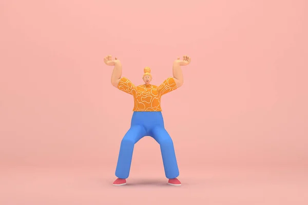 The woman with golden hair tied in a bun wearing blue corduroy pants and Orange T-shirt with white stripes.  He is pulling or pushing something. 3d rendering of cartoon character in acting.
