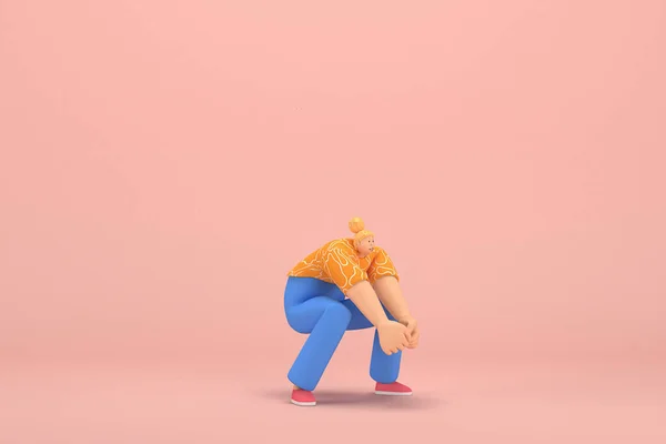 The woman with golden hair tied in a bun wearing blue corduroy pants and Orange T-shirt with white stripes.  He is pulling or pushing something. 3d rendering of cartoon character in acting.