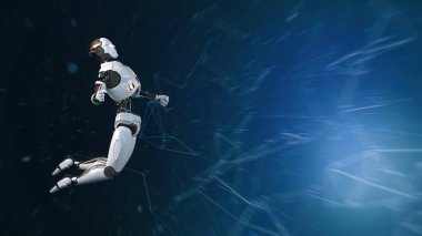 Gelecekçi dünya robotları çalışıyor. Robotlarla teknolojinin sunumu. Robotun 3D canlandırma eylemi.