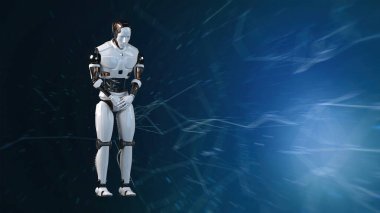 Gelecekçi dünya robotları çalışıyor. Robotlarla teknolojinin sunumu. Robotun 3D canlandırma eylemi.