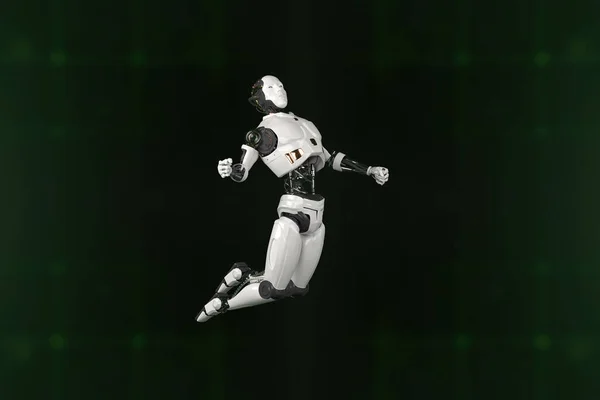 未来の世界のロボットが走っています ロボットによる技術の提示 ロボットの3Dレンダリングアクション — ストック写真