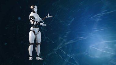 Gelecekçi dünya robotları çalışıyor. Robotlarla teknolojinin sunumu. Robotun 3D canlandırma eylemi.