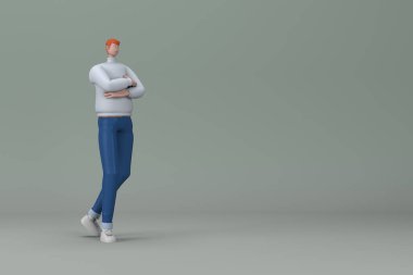 Günlük kıyafetler giymiş bir adam konuşurken jest yapıyor. Bir çizgi film karakterinin 3 boyutlu canlandırması