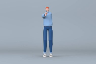 Günlük kıyafetler giymiş bir adam konuşurken jest yapıyor. Bir çizgi film karakterinin 3 boyutlu canlandırması