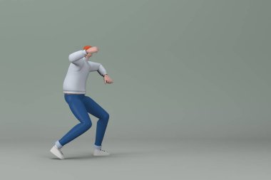 Spor yaparken jest yapan sıradan giysili bir adam. Bir çizgi film karakterinin 3 boyutlu canlandırması