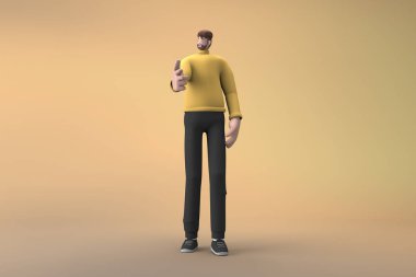 Günlük kıyafetler giymiş bir adam konuşurken jest yapıyor. Bir çizgi film karakterinin 3 boyutlu canlandırması