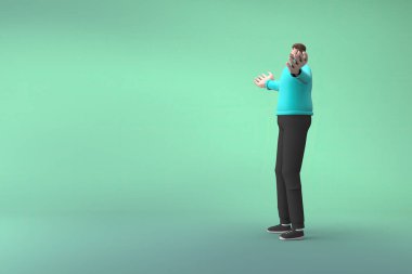 Günlük kıyafetler giymiş bir adam konuşurken jest yapıyor. Bir çizgi film karakterinin 3 boyutlu canlandırması