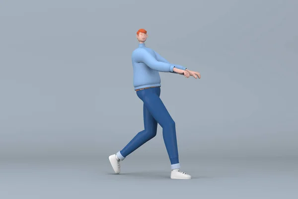穿着休闲装的男人在走路 卡通人物的3D渲染 — 图库照片