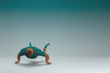 Yeşil gömlek ve beyaz pantolon giyen bir sporcu. Egzersiz yapıyor. Oyunculuktaki çizgi film karakterinin 3d canlandırması.