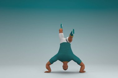 Yeşil gömlek ve beyaz pantolon giyen bir sporcu. Egzersiz yapıyor. Oyunculuktaki çizgi film karakterinin 3d canlandırması.