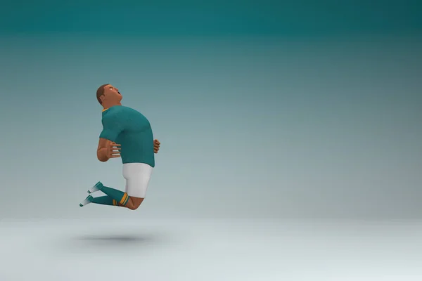一名身穿绿色衬衫和白色裤子的运动员跳了起来 卡通人物在表演中的3D渲染 — 图库照片
