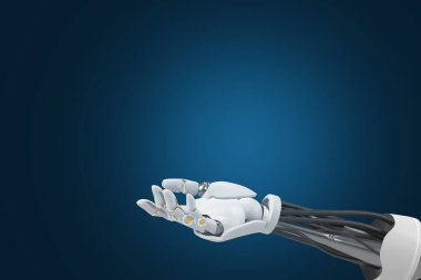 Robotik El 'in 3D canlandırması, Mavi Arkaplan' a Karşı Aydınlatılmış, Dünyamızı Şekillendirmek için Eşsiz El ve Teknoloji Potansiyelini somutlaştıran.