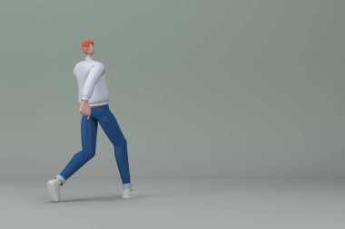 Sıradan giyinmiş bir adam iterken ya da koşarken jest yapıyor. Bir çizgi film karakterinin 3 boyutlu canlandırması