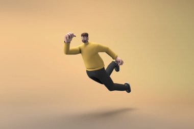 Sıradan giyinmiş adamlar zıplıyor. Çizgi film karakterlerinin 3B canlandırması