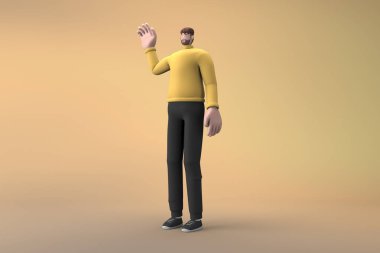 Günlük kıyafetler giymiş bir adam konuşurken jest yapıyor. Bir çizgi film karakterinin 3 boyutlu canlandırması