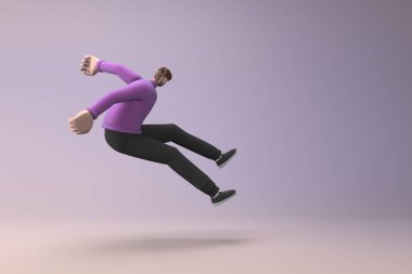 Sıradan giyinmiş adamlar zıplıyor. Çizgi film karakterlerinin 3B canlandırması