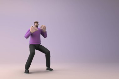 Günlük kıyafetler giymiş bir adam konuşurken jest yapıyor. Bir çizgi film karakterinin 3 boyutlu canlandırması