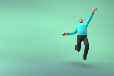 Sıradan giyinmiş adamlar zıplıyor. Çizgi film karakterlerinin 3B canlandırması