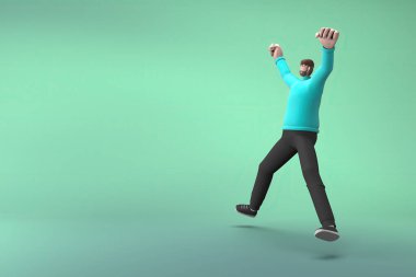 Sıradan giyinmiş adamlar zıplıyor. Çizgi film karakterlerinin 3B canlandırması