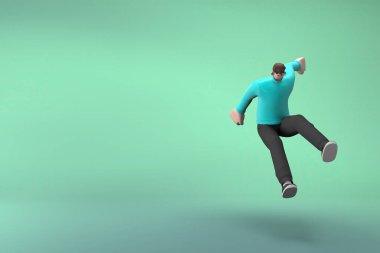 Sıradan giyinmiş adamlar zıplıyor. Çizgi film karakterlerinin 3B canlandırması