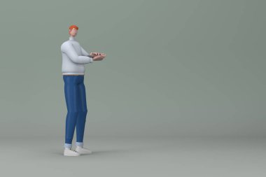 Günlük kıyafetler giymiş bir adam konuşurken jest yapıyor. Bir çizgi film karakterinin 3 boyutlu canlandırması