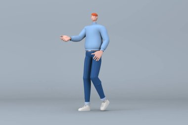 Günlük kıyafetler giymiş bir adam konuşurken jest yapıyor. Bir çizgi film karakterinin 3 boyutlu canlandırması
