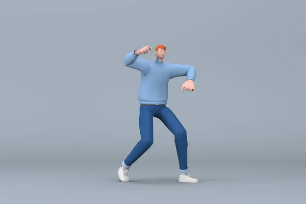 運動中にジェスチャーをするカジュアルな服の男 漫画のキャラクターの3Dレンダリング — ストック写真