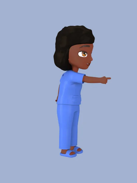 Dark Skinned Female Character Blue Nursing Assistant Uniform Rendering — Stock Photo, Image