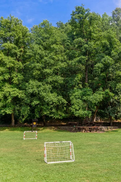 Yeşil çimlerin üzerinde iki küçük gol atan küçük bir futbol sahası.